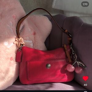 Pink Leather Shoulder Bag with Charm Coach